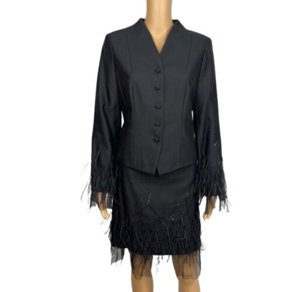 Rickie Freeman Teri Jon Silk Wool Skirt Suit Sequin Feather Fringe Lined 2PC
